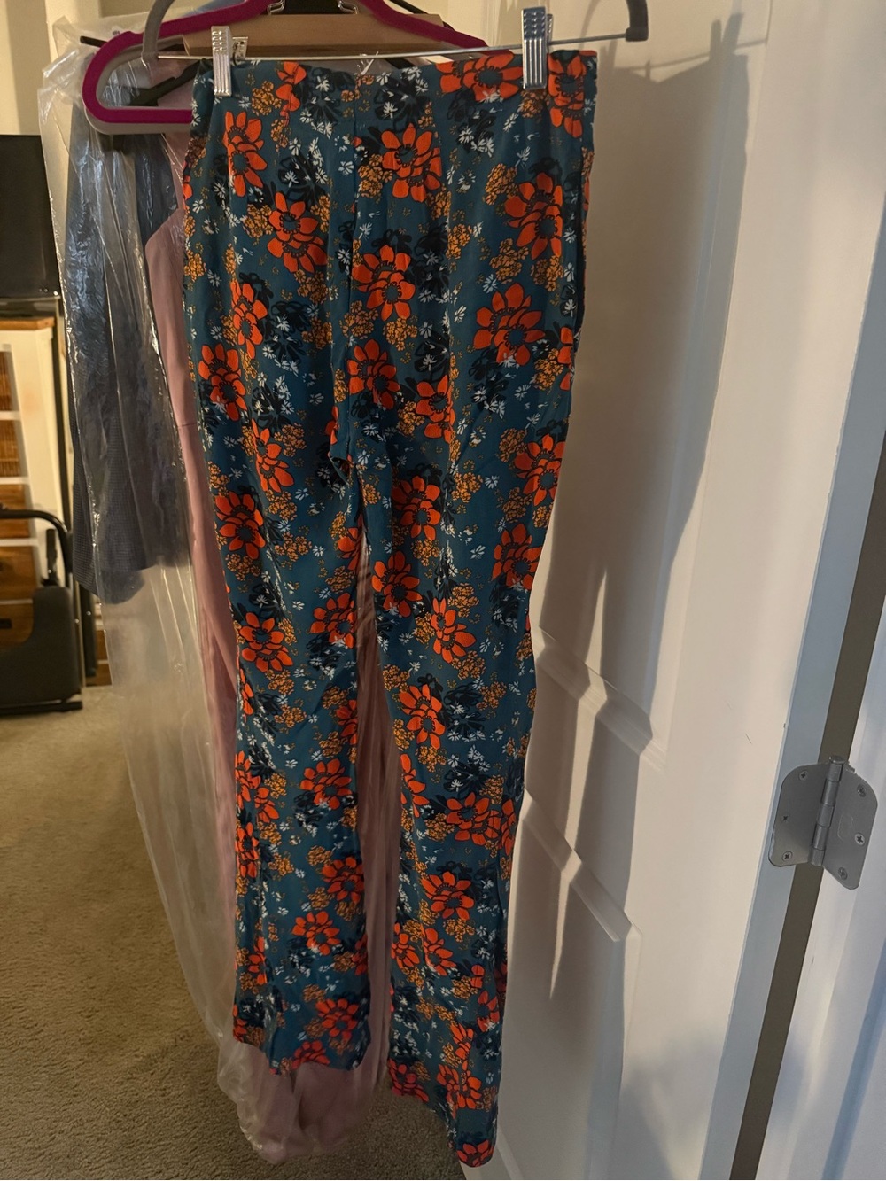 Free People Teal Wide-Leg Pants with Orange Floral Print